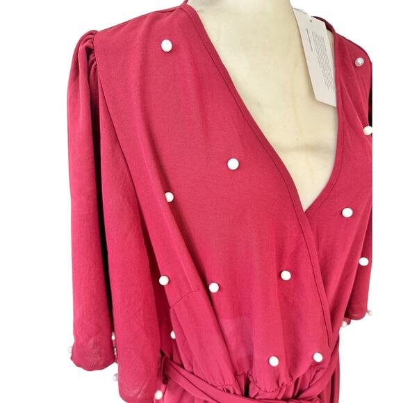 Bloomchic Red Faux Wrap Pearl Stud Short Bell Sleeve Tie Waist Dress Size 22-24 - Picture 8 of 11